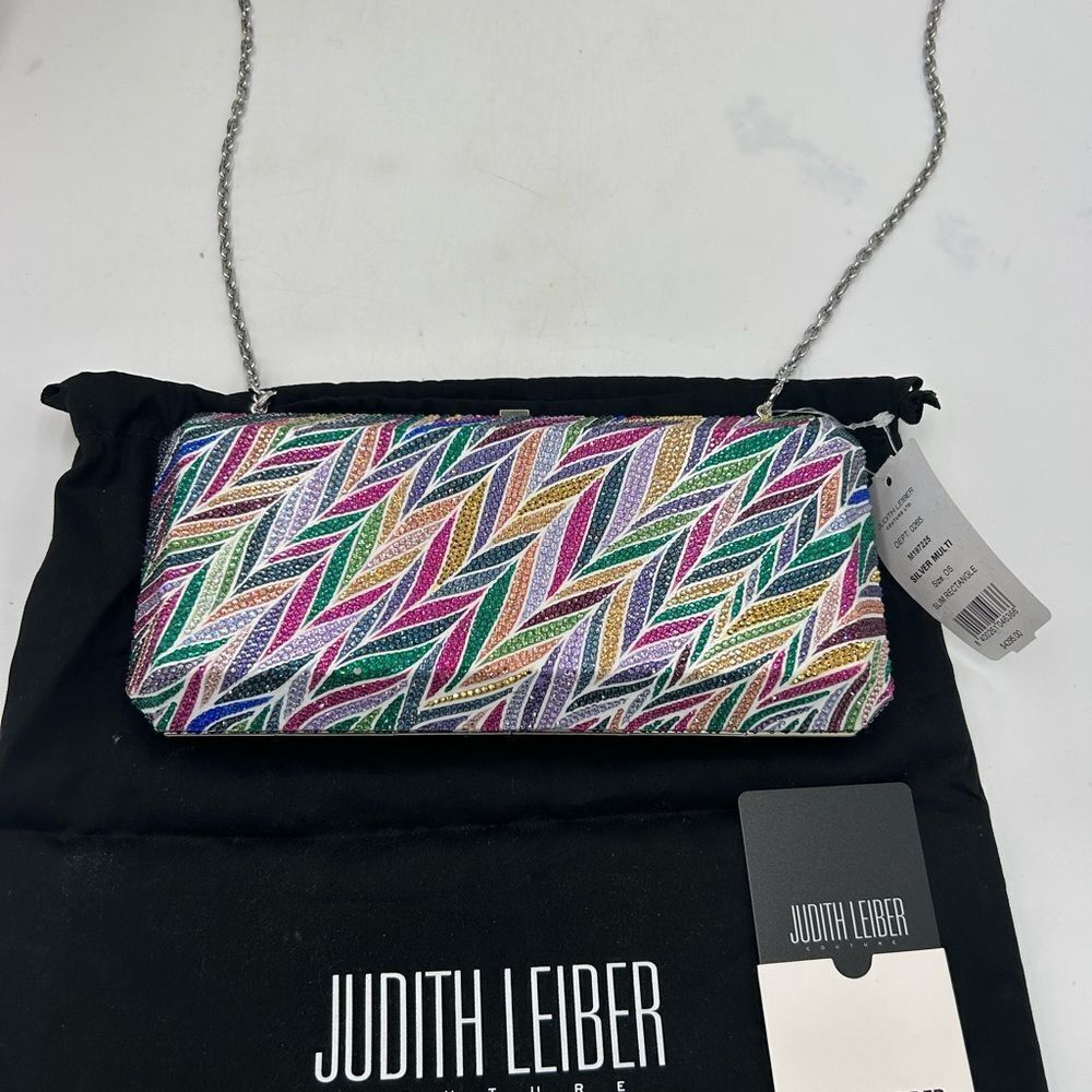 Women's Judith Lieber rectangular beach mural clutch bag detachable chain Italy